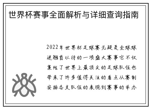 世界杯赛事全面解析与详细查询指南